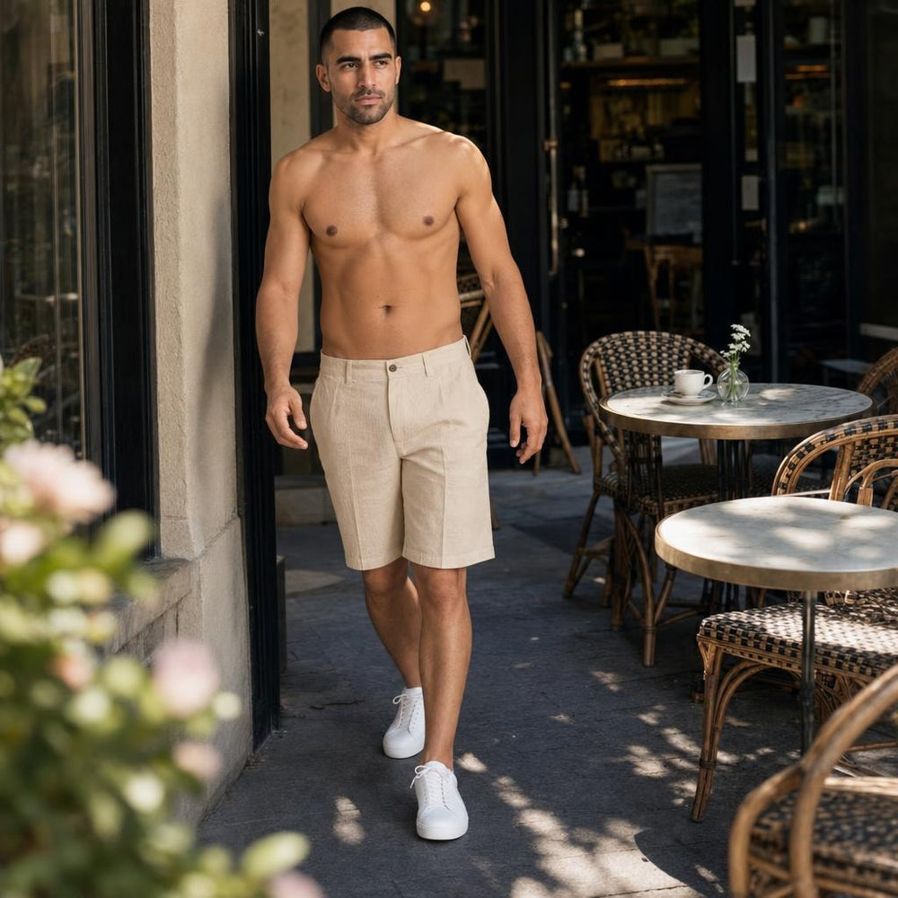 Men's Elastic Waist Linen Shorts in Beige, front view