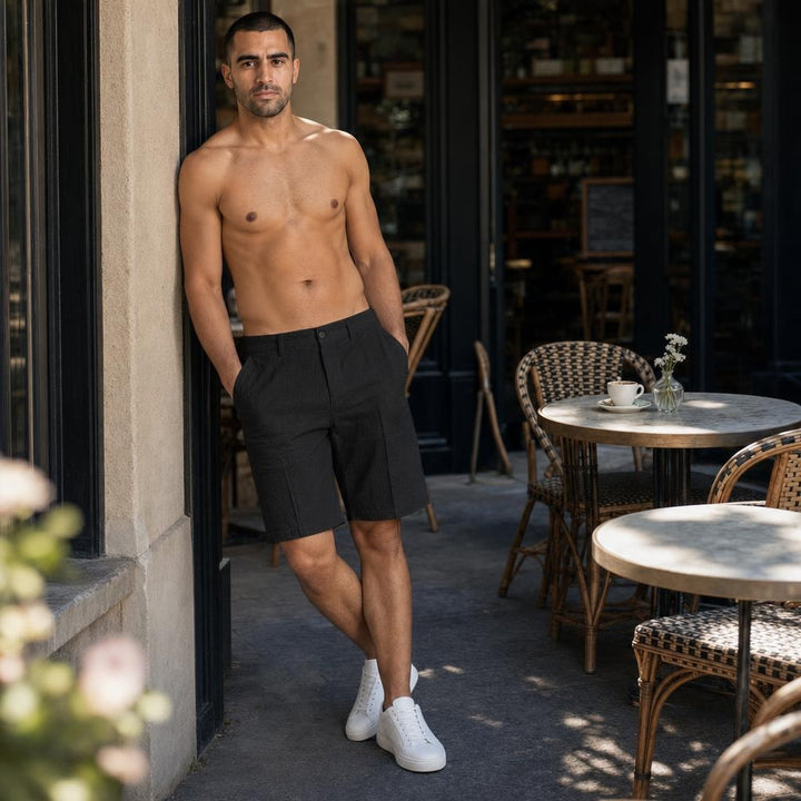 Men's Elastic Waist Linen Shorts in Black, front view