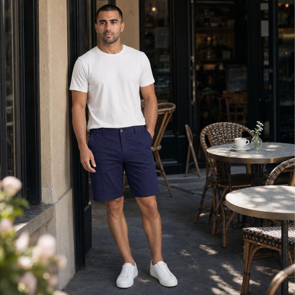Men's Elastic Waist Linen Shorts in Blue, front view