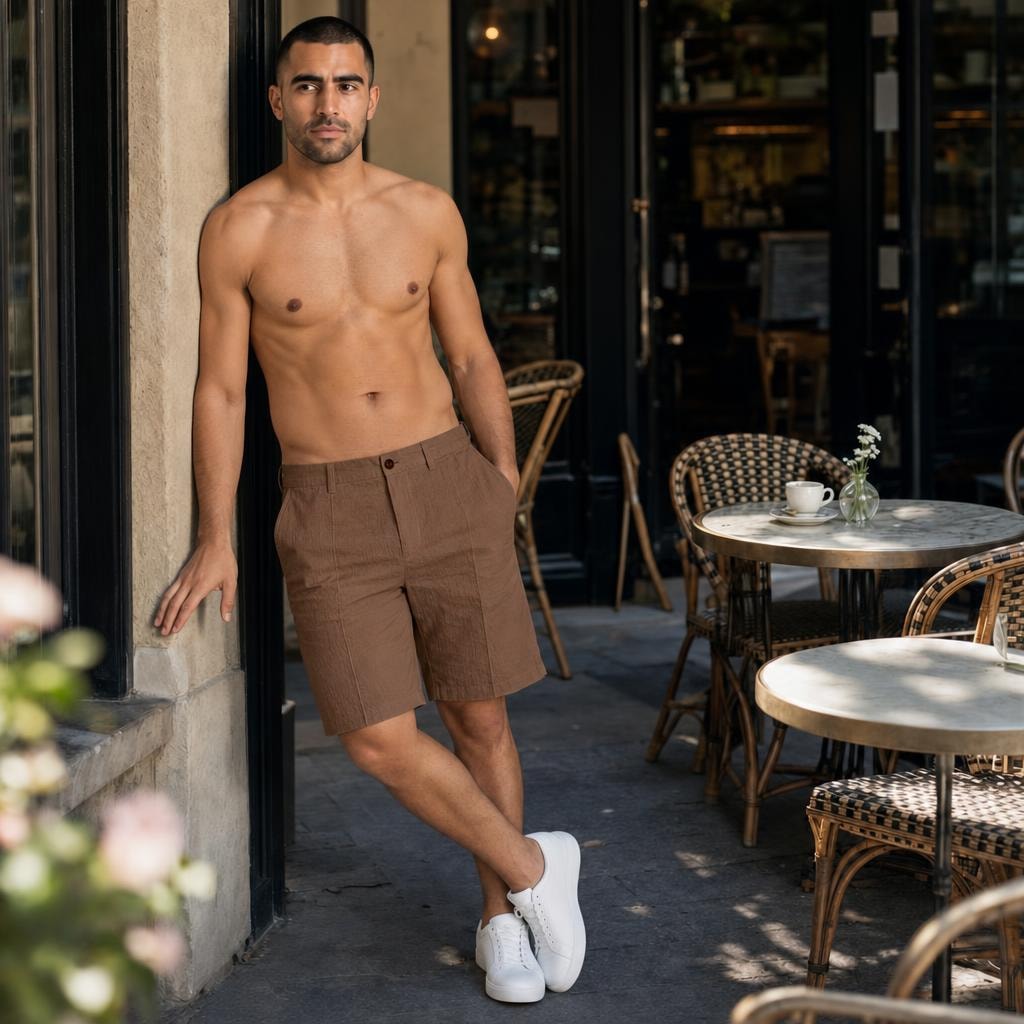 Men's Elastic Waist Linen Shorts in Brown, front view