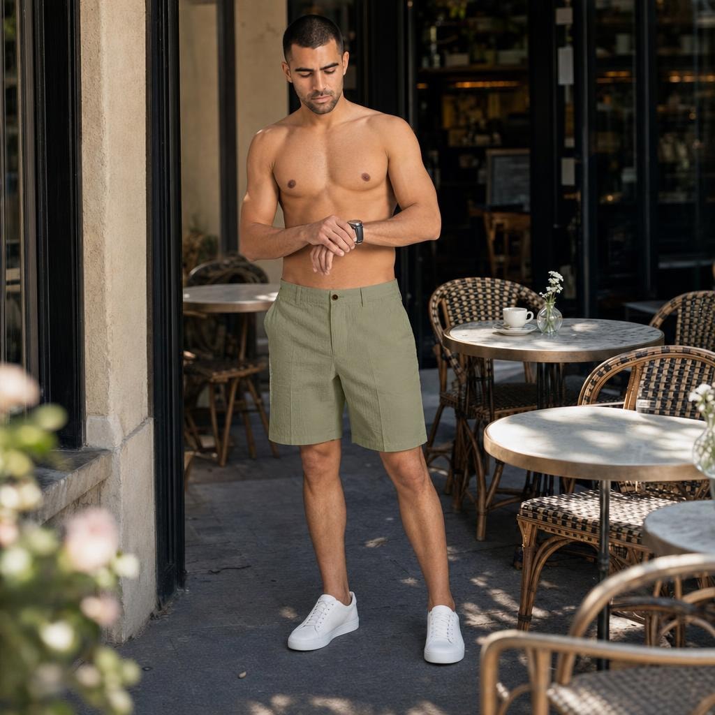 Men's Elastic Waist Linen Shorts in Green, front view