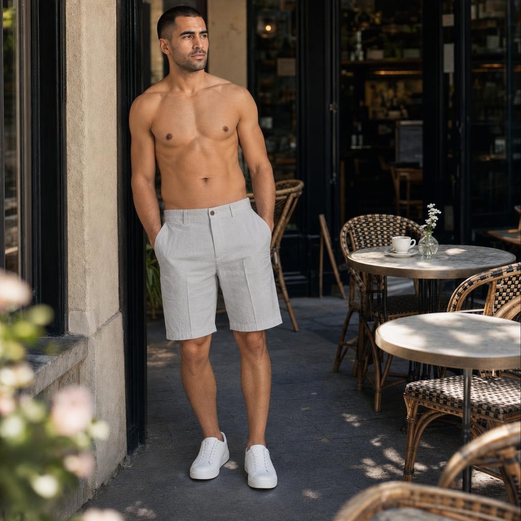 Men's Elastic Waist Linen Shorts in Grey, front view