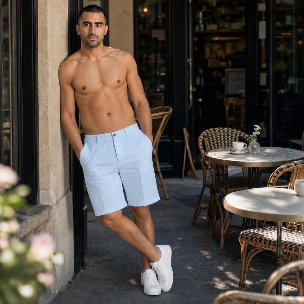Men's Elastic Waist Linen Shorts in Light Blue, front view