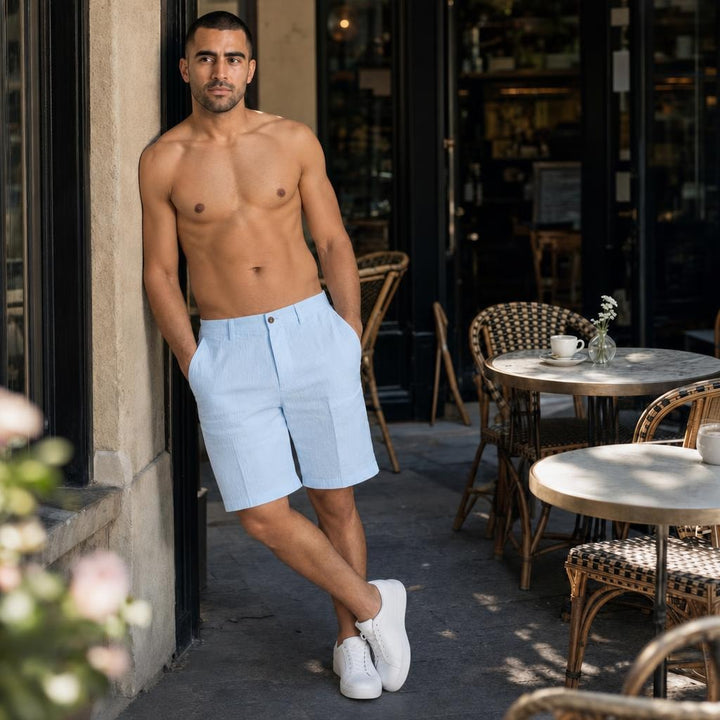 Men's Elastic Waist Linen Shorts in Light Blue, front view