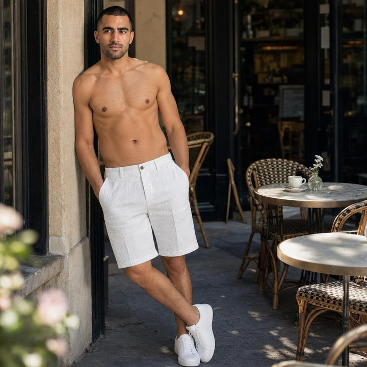 Men's Elastic Waist Linen Shorts in White, front view