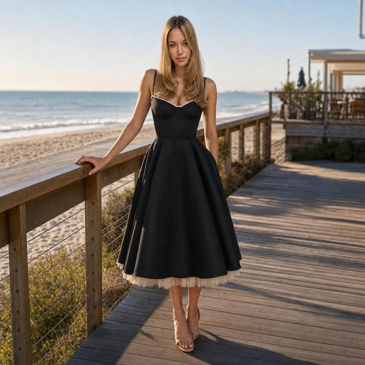 Women's Tulle Midi Dress in Black, front view