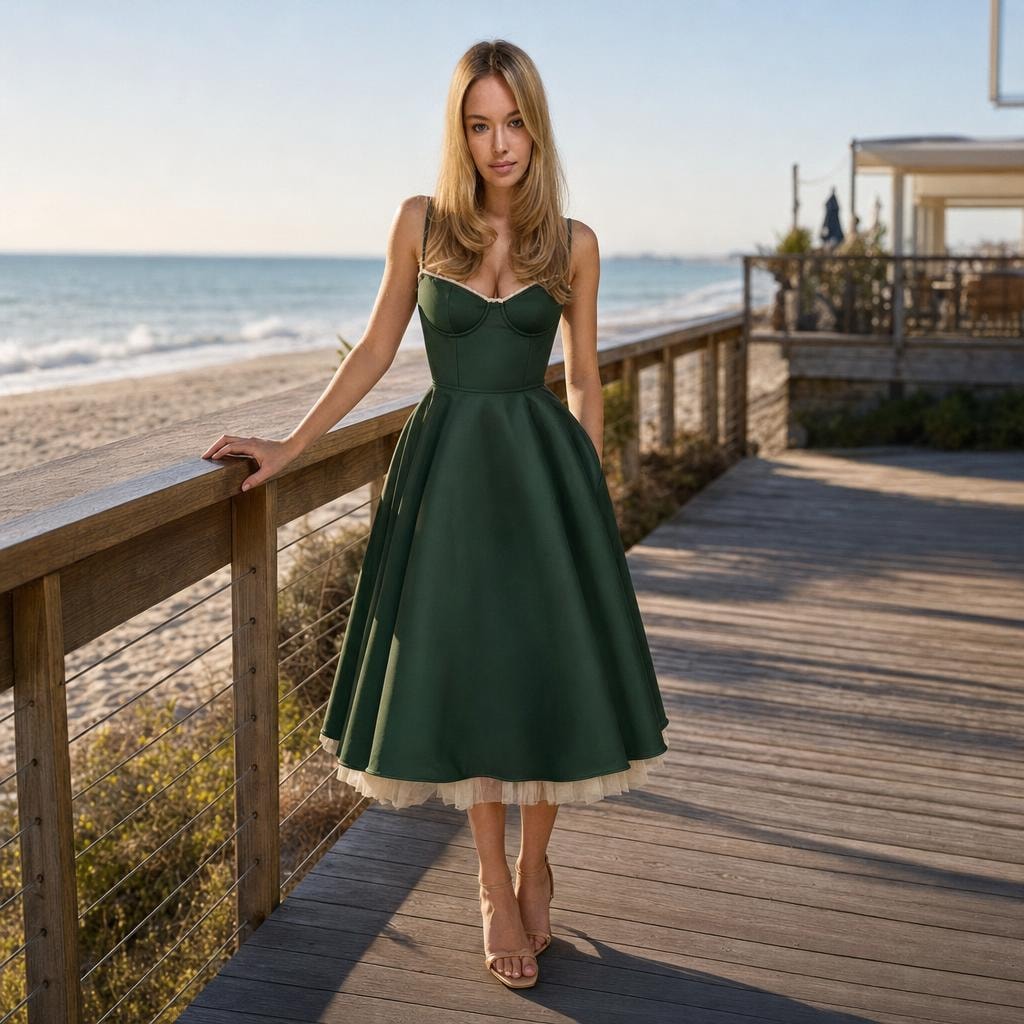 Women's Tulle Midi Dress in Green, front view