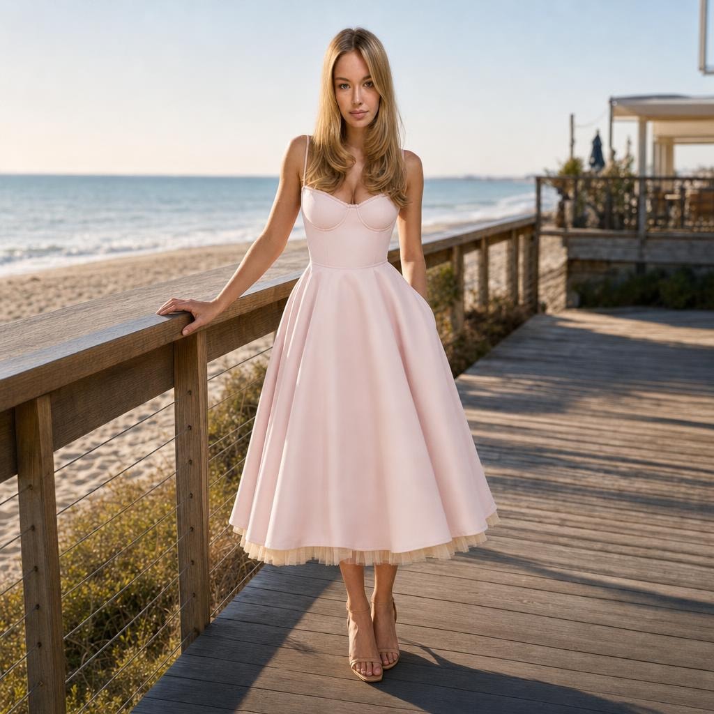Women's Tulle Midi Dress in Pink, front view