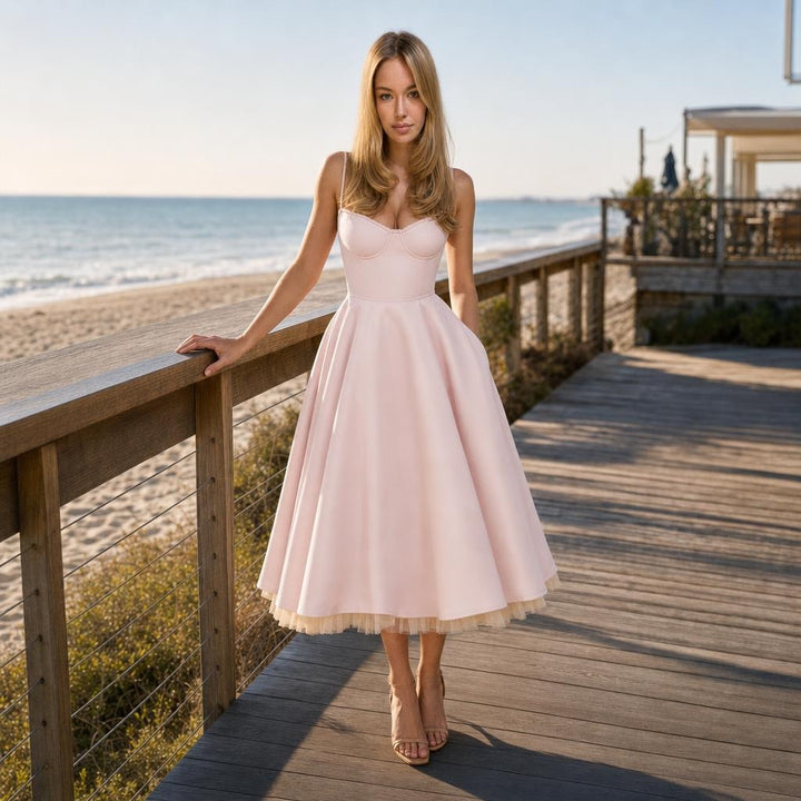 Women's Tulle Midi Dress in Pink, front view
