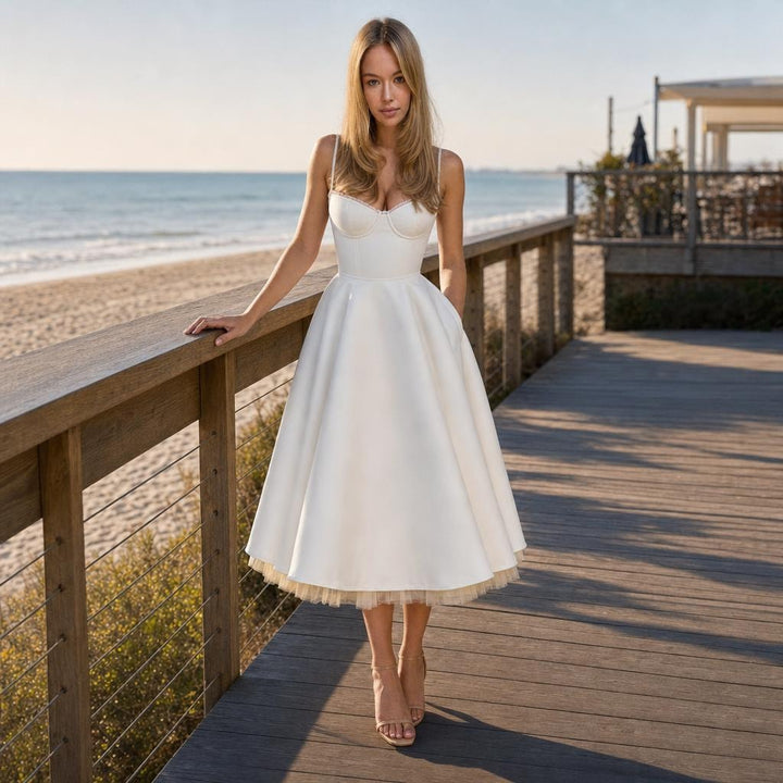 Women's Tulle Midi Dress in White, front view