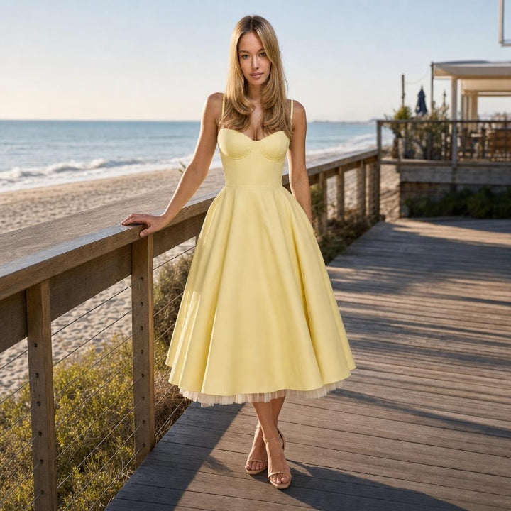 Women's Tulle Midi Dress in Yellow, front view