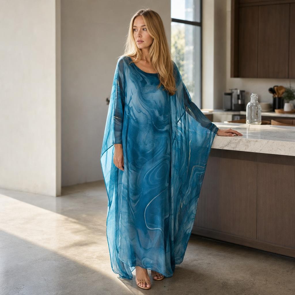 Women's Long Sleeve Evening Maxi Dress in Blue, front view