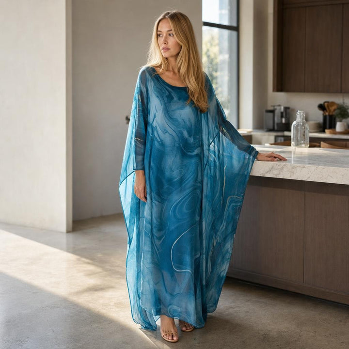 Women's Long Sleeve Evening Maxi Dress in Blue, front view