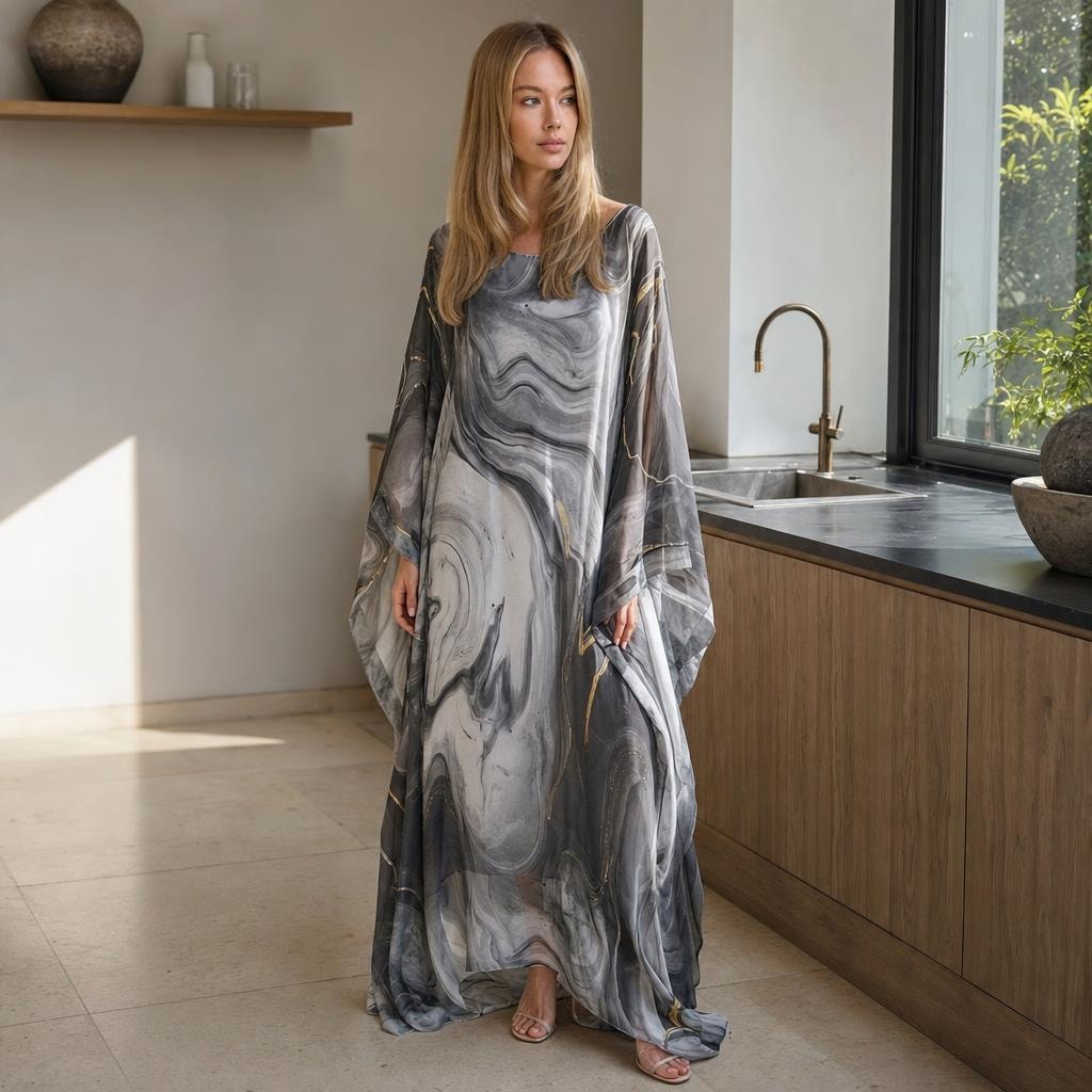 Women's Long Sleeve Evening Maxi Dress in Grey, front view