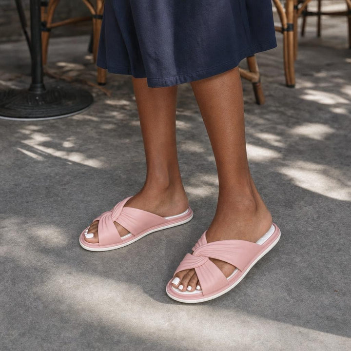 Women's Cross Strap Slip On Sandals in Pink, front view