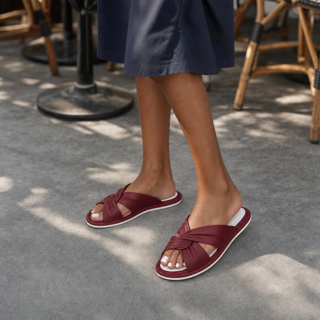 Women's Cross Strap Slip On Sandals in Red, front view
