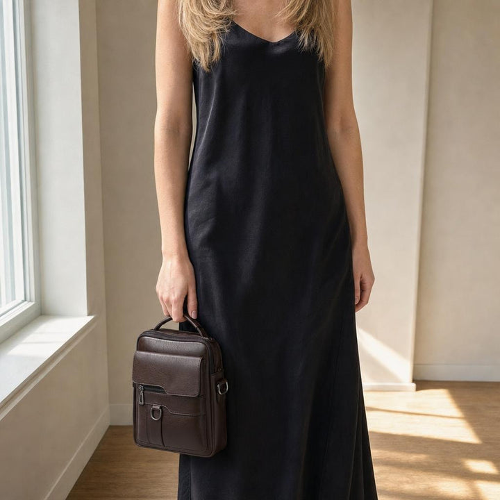 Women's Slim Structured Crossbody Bag in Dark Brown, front view