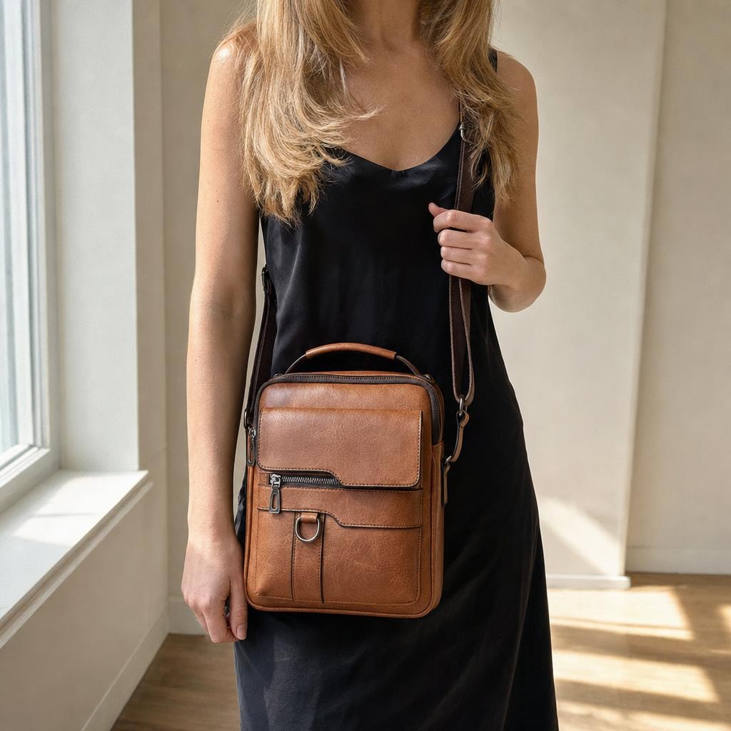 Women's Slim Structured Crossbody Bag in Light Brown, front view