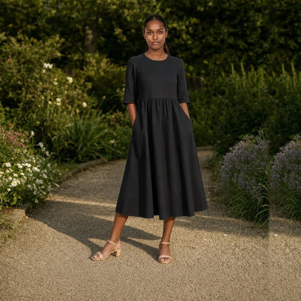 Women's Cotton Mid Sleeve Midi Dress in Black, front view