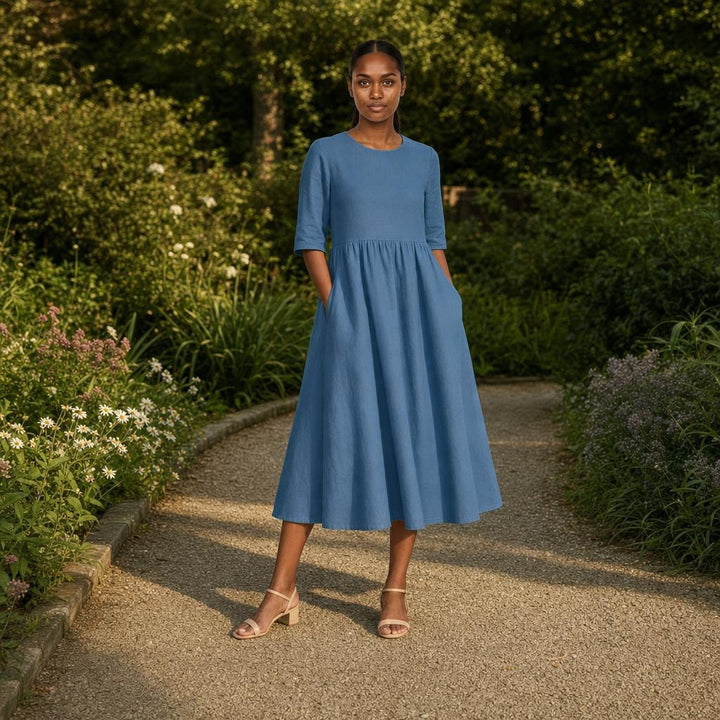 Women's Cotton Mid Sleeve Midi Dress in Blue, front view