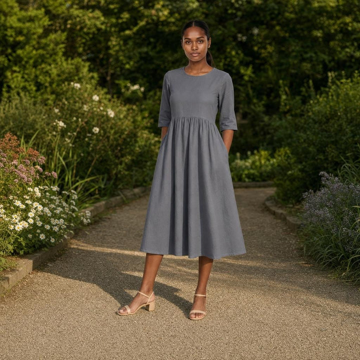 Women's Cotton Mid Sleeve Midi Dress in Gray, front view
