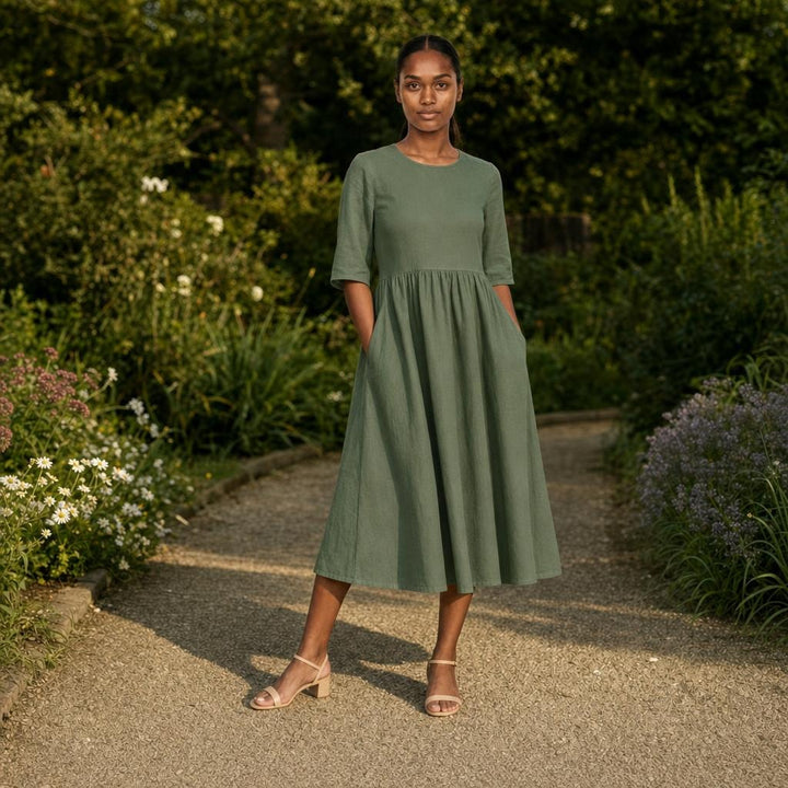 Women's Cotton Mid Sleeve Midi Dress in Green, front view