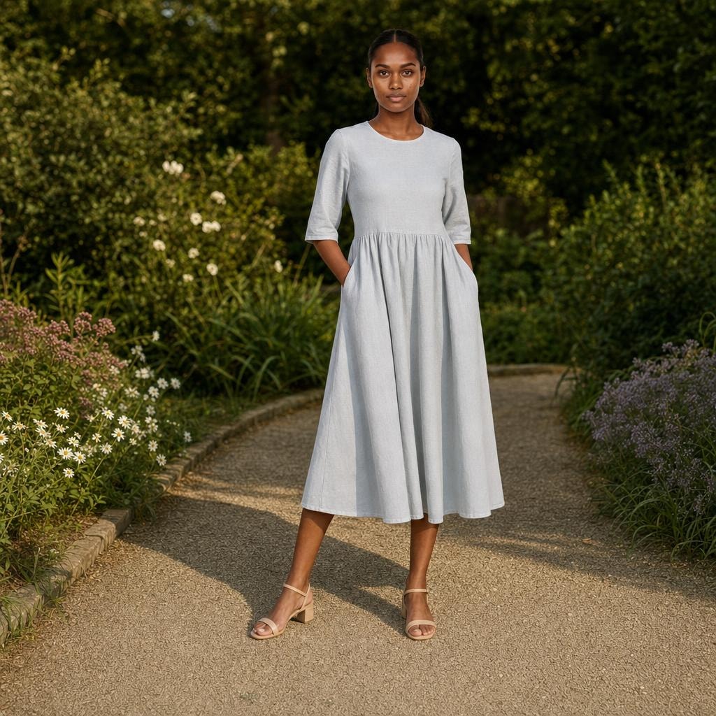 Women's Cotton Mid Sleeve Midi Dress in Light Gray, front view