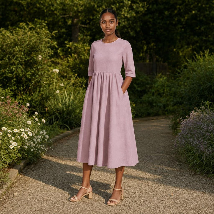 Women's Cotton Mid Sleeve Midi Dress in Pink, front view