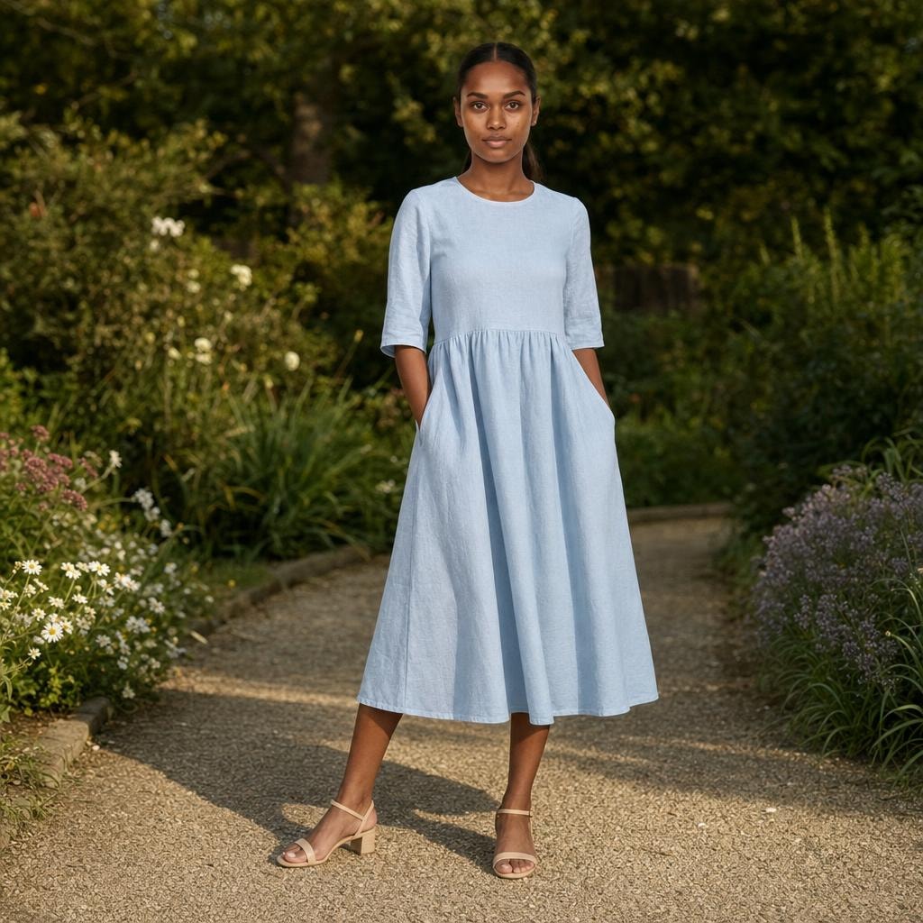 Women's Cotton Mid Sleeve Midi Dress in Sky Blue, front view