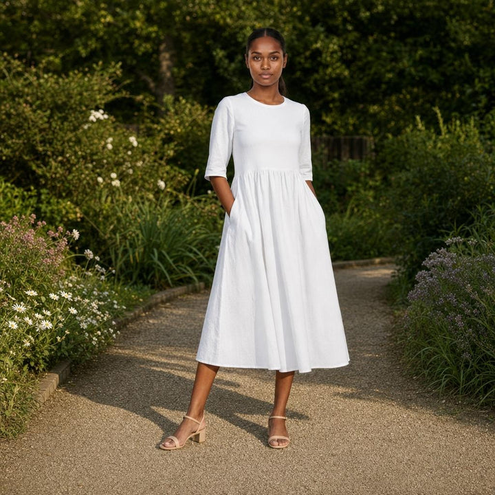 Women's Cotton Mid Sleeve Midi Dress in White, front view