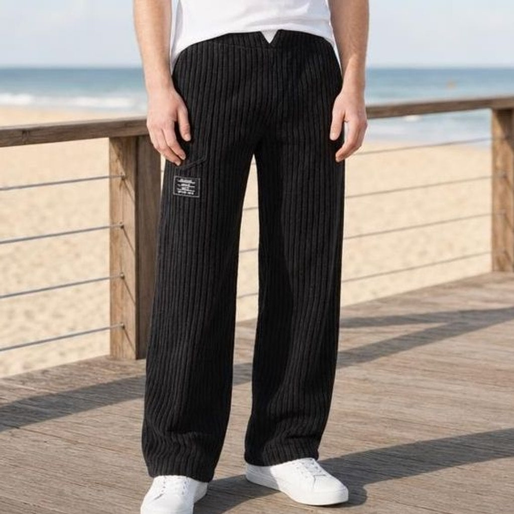 Men's Wide Leg Corduroy Pants in Black Pocket, front view
