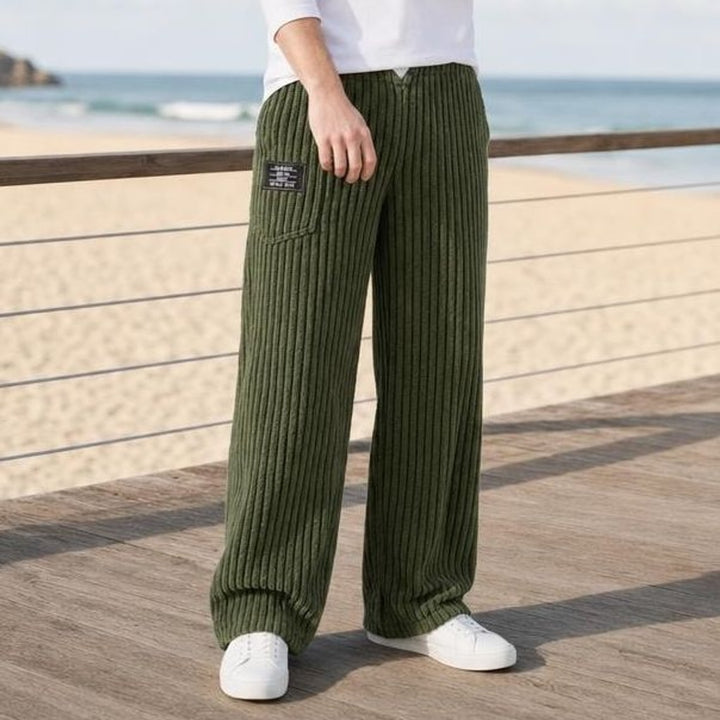 Men's Wide Leg Corduroy Pants in Green, front view