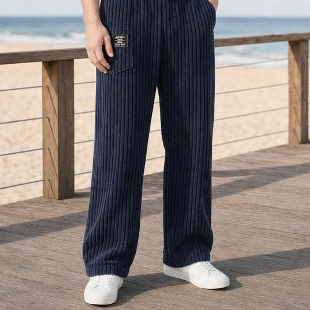 Men's Wide Leg Corduroy Pants in Navy Blue, front view