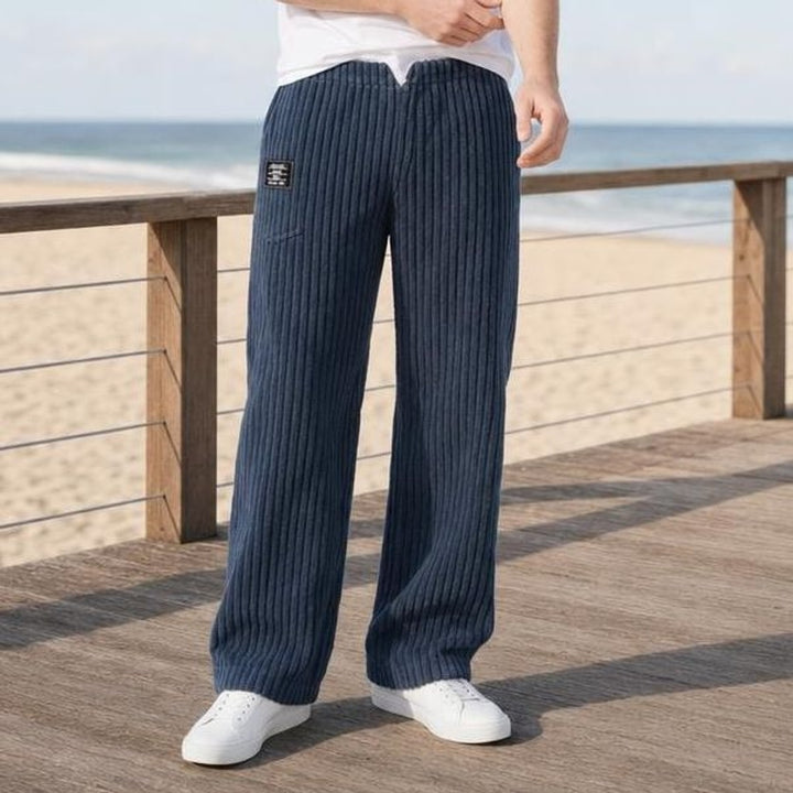 Men's Wide Leg Corduroy Pants in Navy Blue Pocket, front view