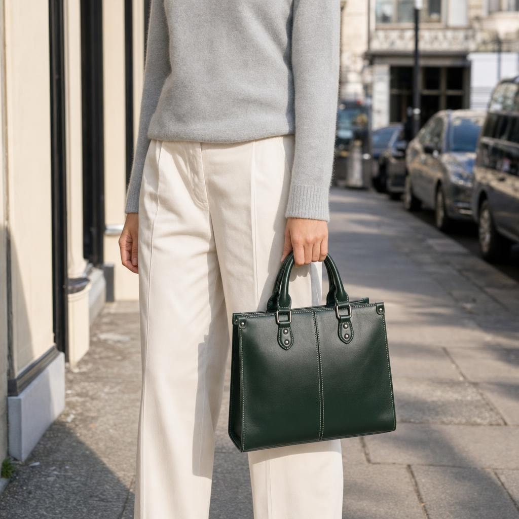Women's Vegan Leather Shoulder Bag in Green, front view