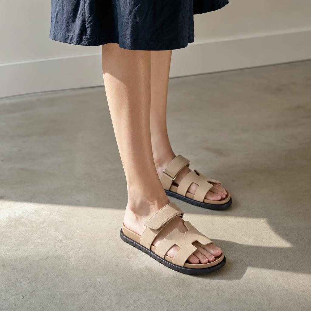 Women's Cutout Ankle Strap Sandals in Beige, front view