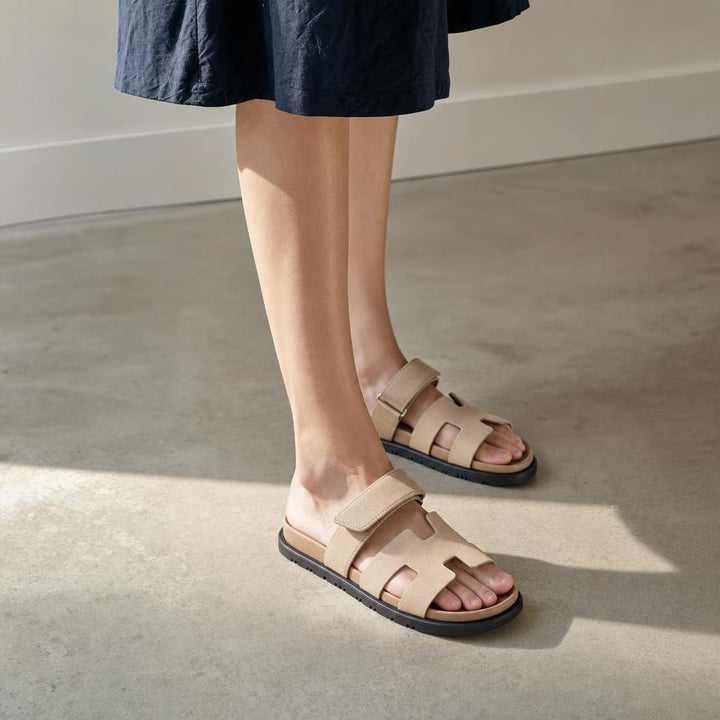 Women's Cutout Ankle Strap Sandals in Beige, front view