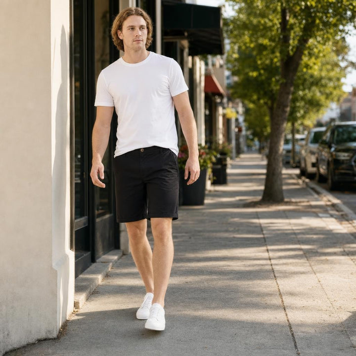 Men's Button Front Chino Shorts in Black, front view