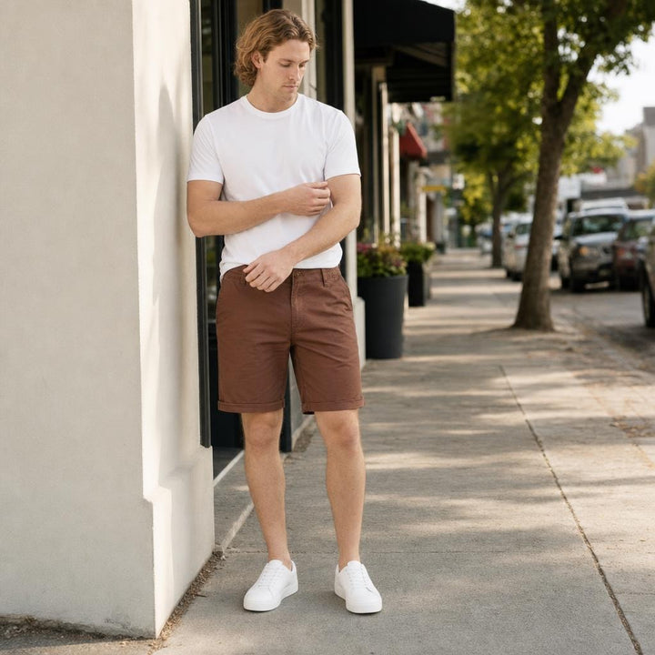 Men's Button Front Chino Shorts in Brown, front view