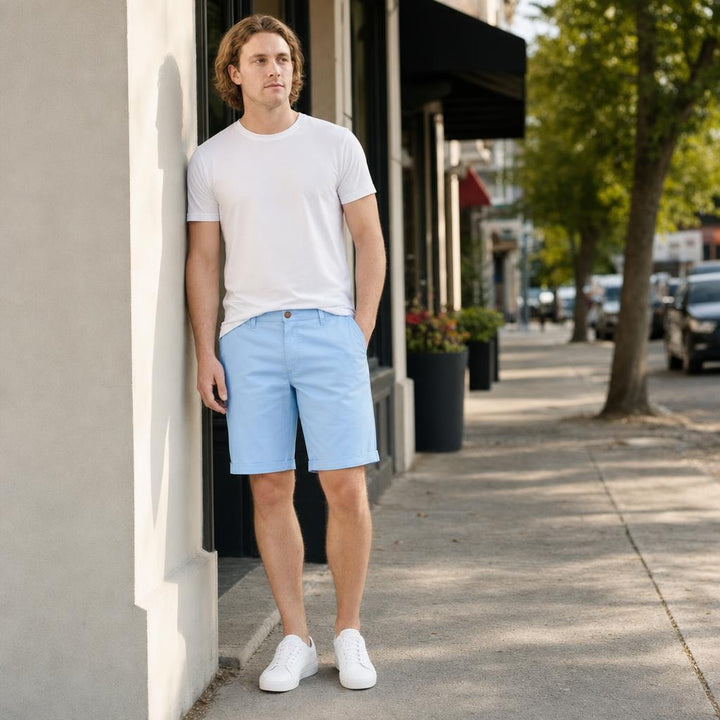 Men's Button Front Chino Shorts in Hellblau, front view