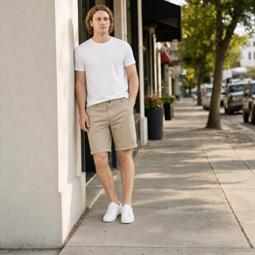 Men's Button Front Chino Shorts in Khaki, front view
