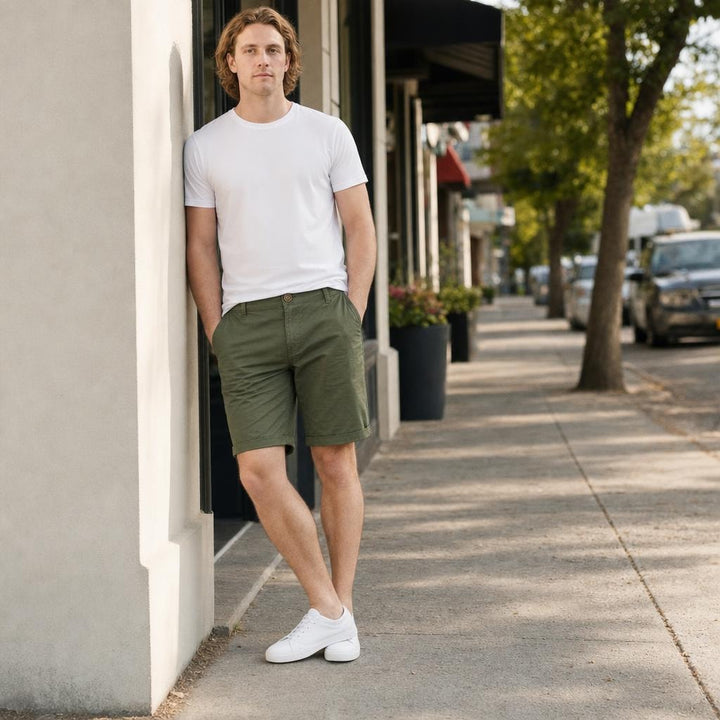 Men's Button Front Chino Shorts in Olivgrün, front view