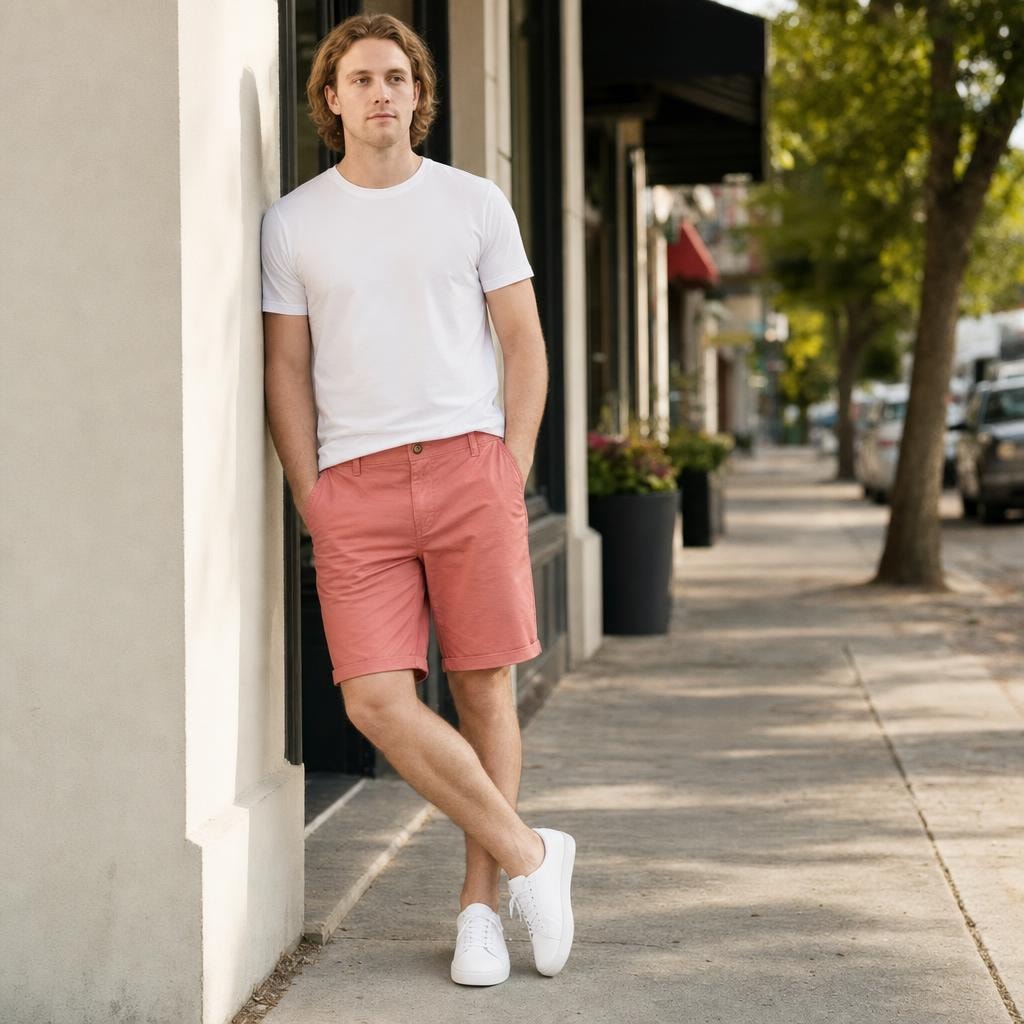 Men's Button Front Chino Shorts in Pink, front view