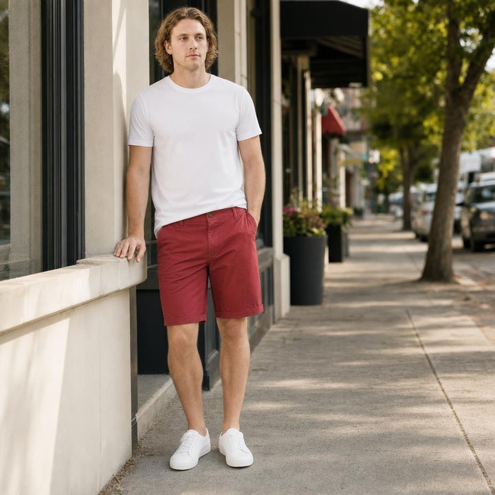 Men's Button Front Chino Shorts in Red, front view