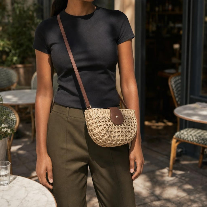 Women's Woven Straw Crossbody Bag in Beige, front view