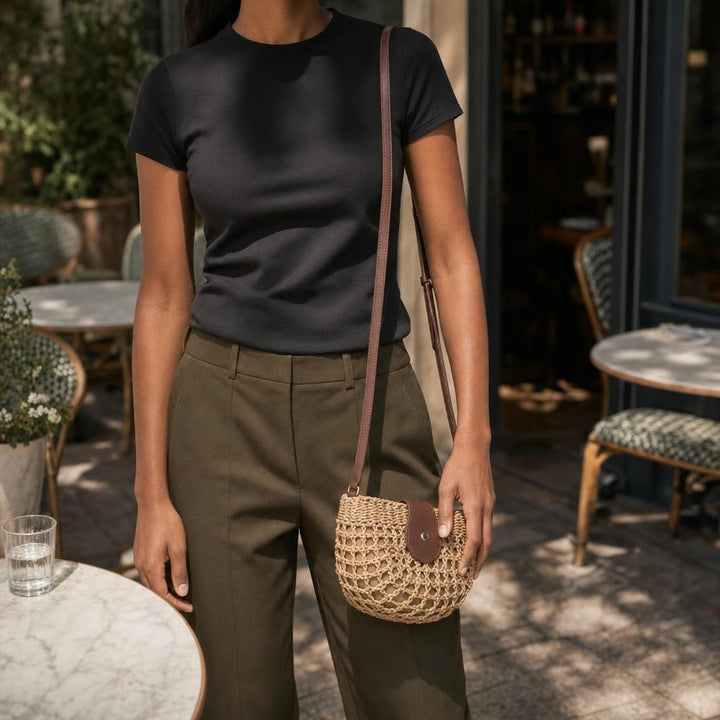 Women's Woven Straw Crossbody Bag in Brown, front view