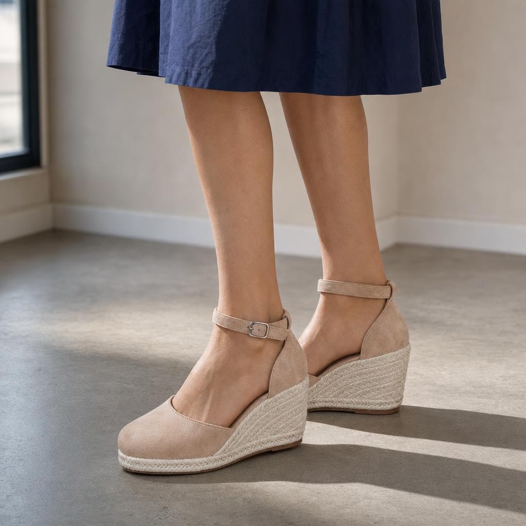 Women's Ankle Strap Wedge Sandals in Beige, front view