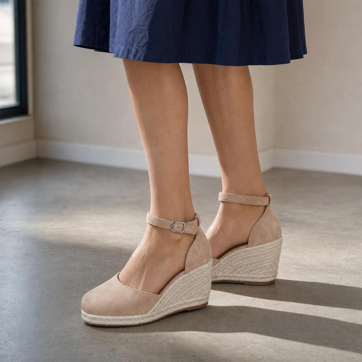 Women's Ankle Strap Wedge Sandals in Beige, front view