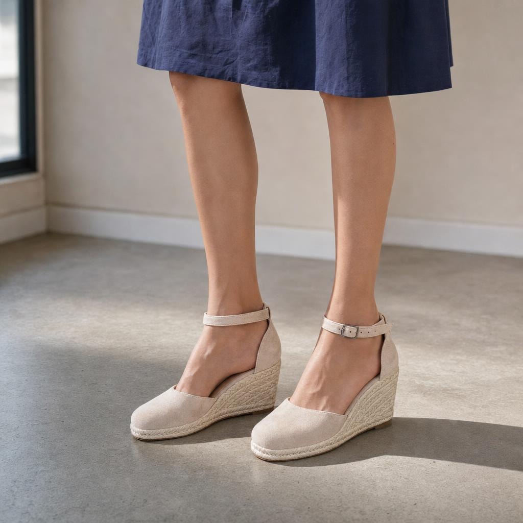 Women's Ankle Strap Wedge Sandals in Beige Square Toe, front view