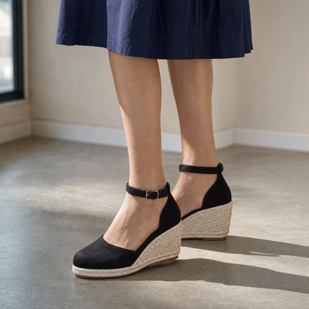 Women's Ankle Strap Wedge Sandals in Black, front view